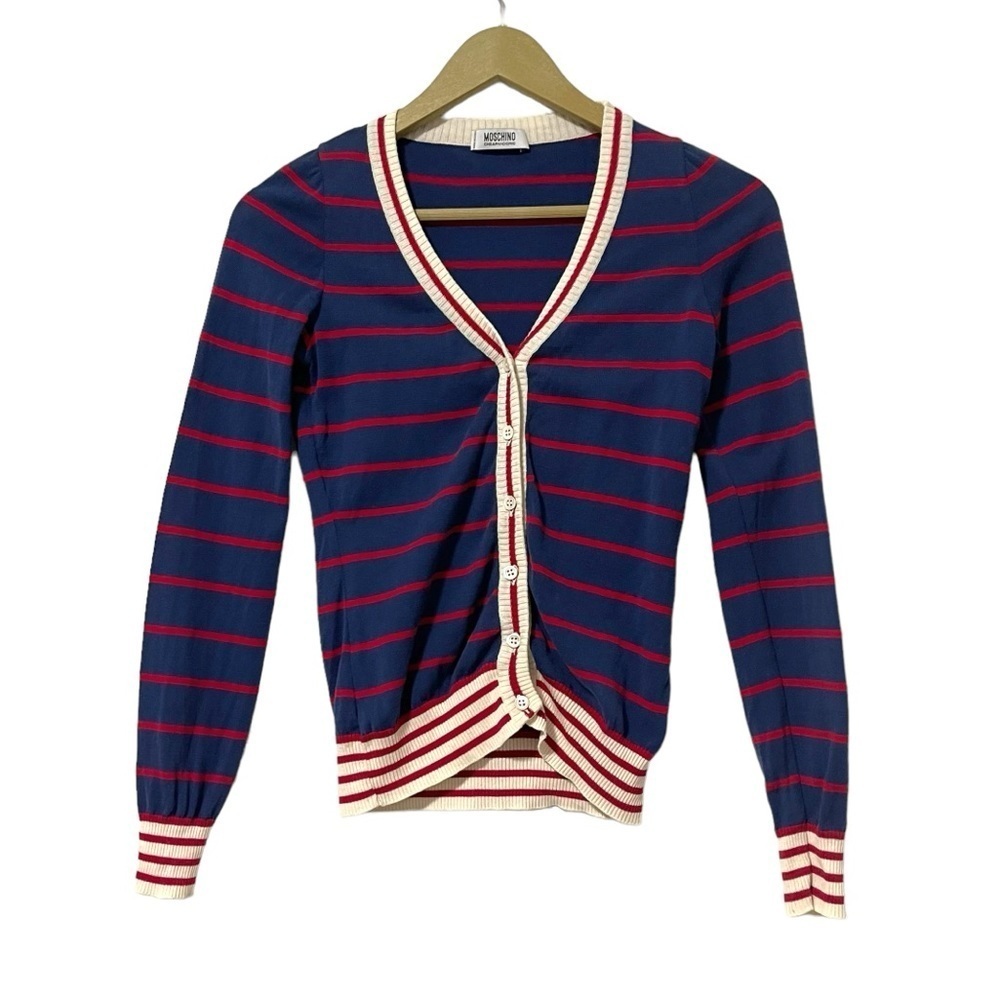 Moschino Navy Blue Red Striped Button Up Cardigan Preppy Designer Old Money